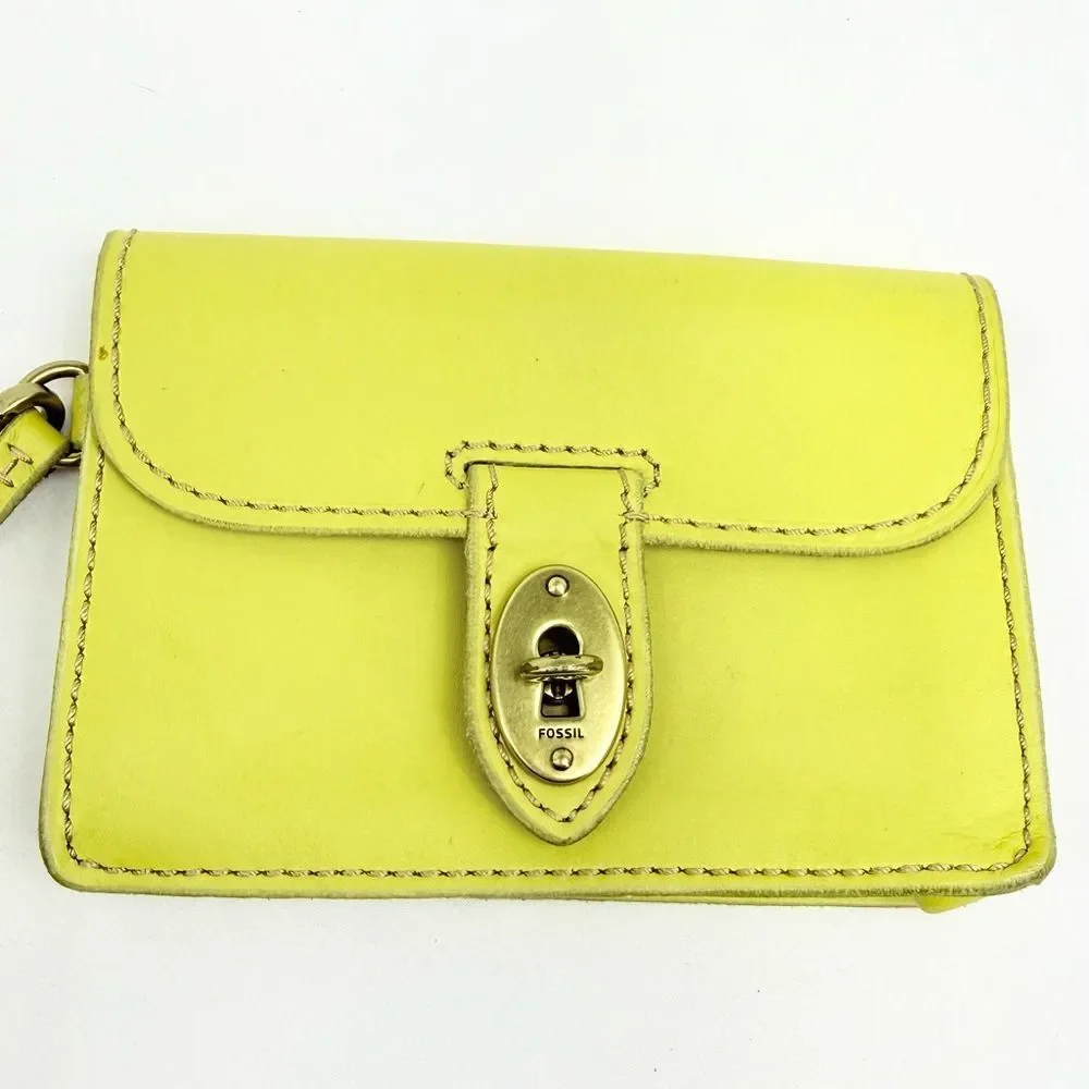 Fossil AUSTIN Yellow Cowhide Leather Turnkey Clasp Mini Wristlet Wallet